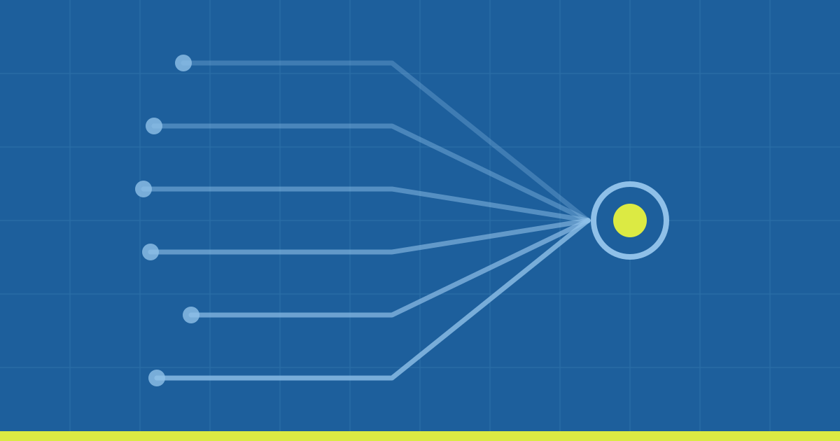 Six pale blue nodes on a blue grid, their lines converging into one ringed node with a yellow center
