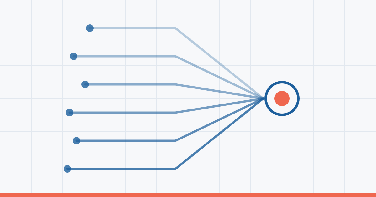 Abstract routing diagram in Commerce Beacon blue: six lines from separate dots converging into one ringed hub node.