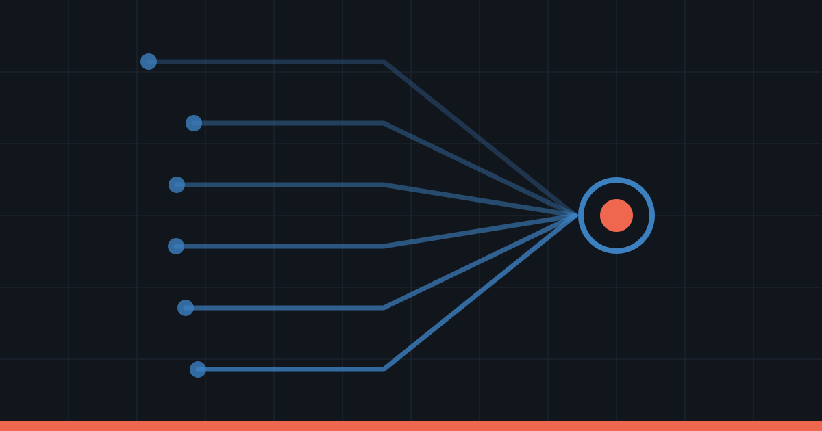 Abstract routing lines converging on a single node in Commerce Beacon blue