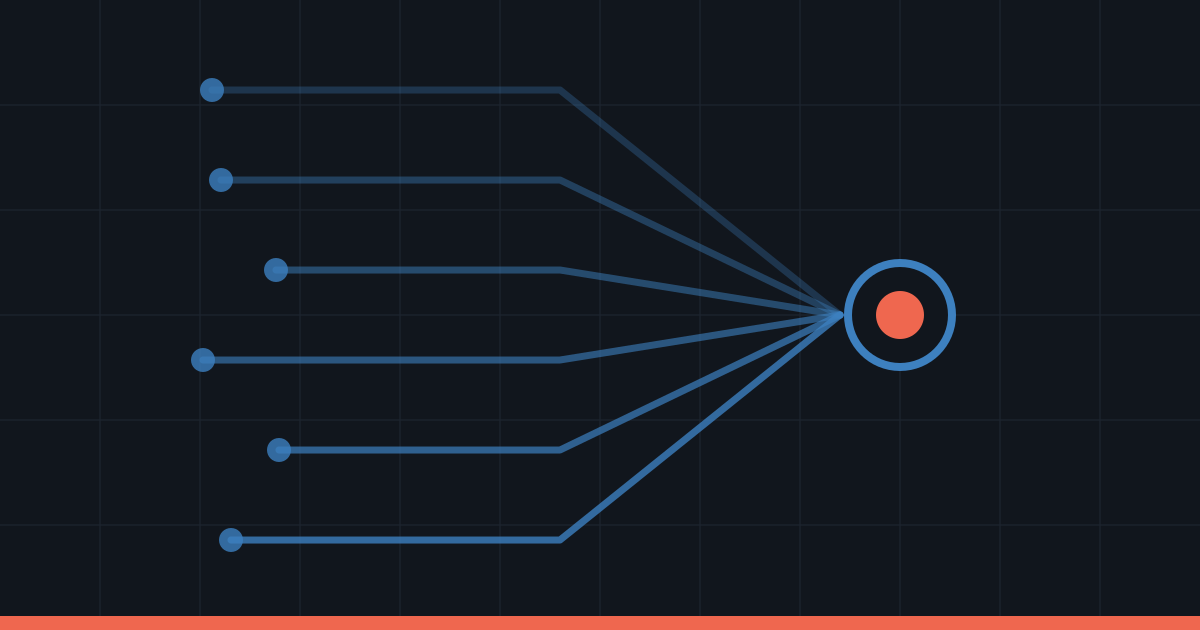 Abstract routing lines converging from six blue nodes into a single ringed node on a dark navy grid