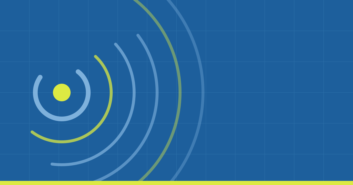 Abstract concentric signal arcs radiating from a lime dot on Commerce Beacon blue