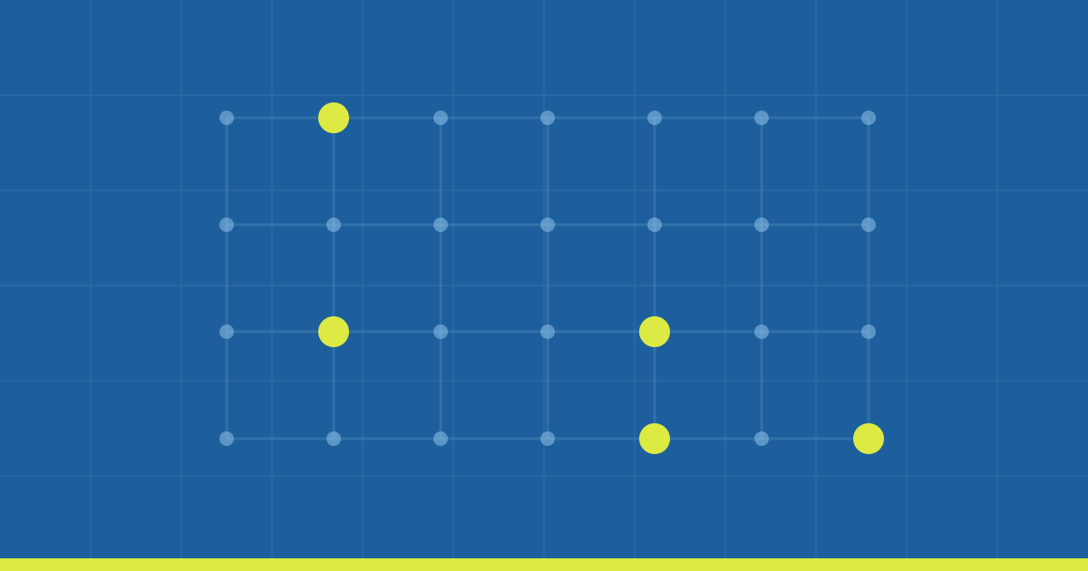 Abstract lattice of connected nodes on Commerce Beacon blue, with several nodes highlighted in yellow