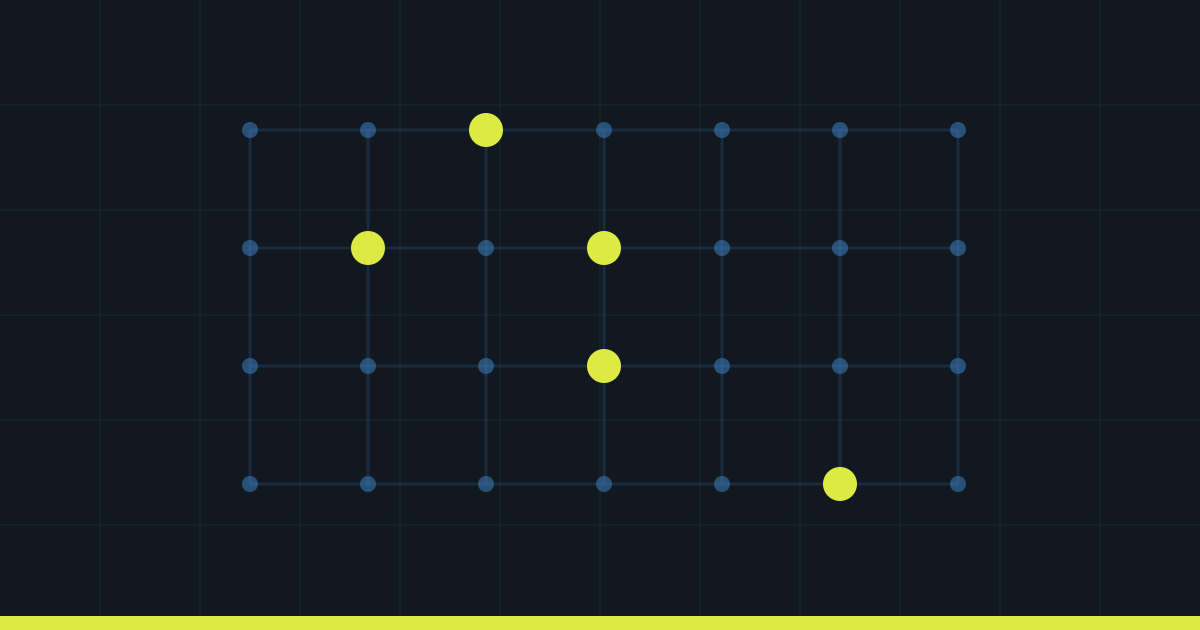 Abstract grid of connected blue nodes on a dark navy field, with five larger lime nodes highlighted at intersections.