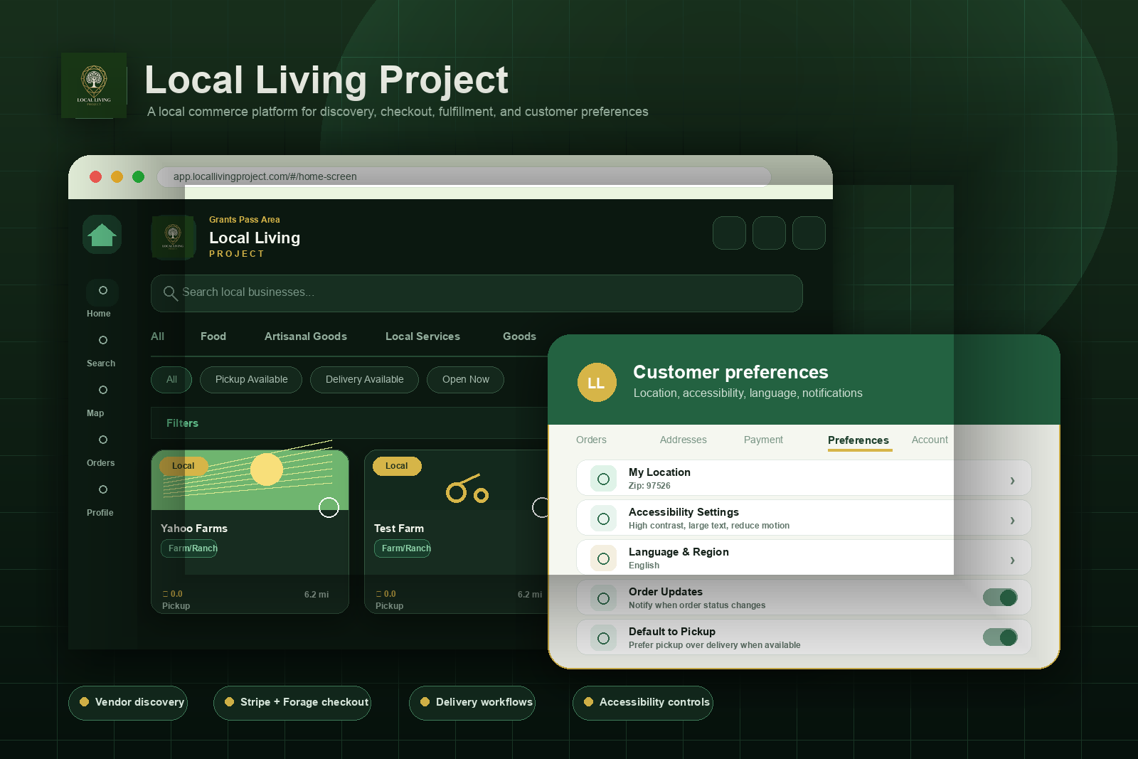 Local Living Project marketplace and customer preferences interface